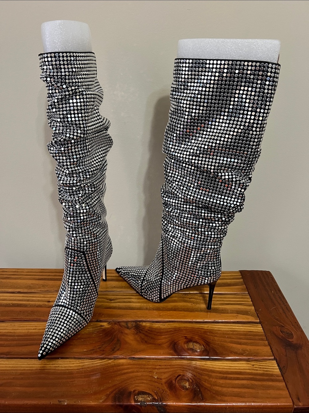 Michael Kors Rhinestone Embellished Silver Knee-High Stiletto Boots
